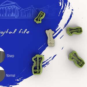 May include: A digital file for a cookie cutter in the shape of a human torso. The cutter is shown in green plastic. The image also shows a close-up of the cutter's edge, with a description of "Sharp" and "Normal" edges.