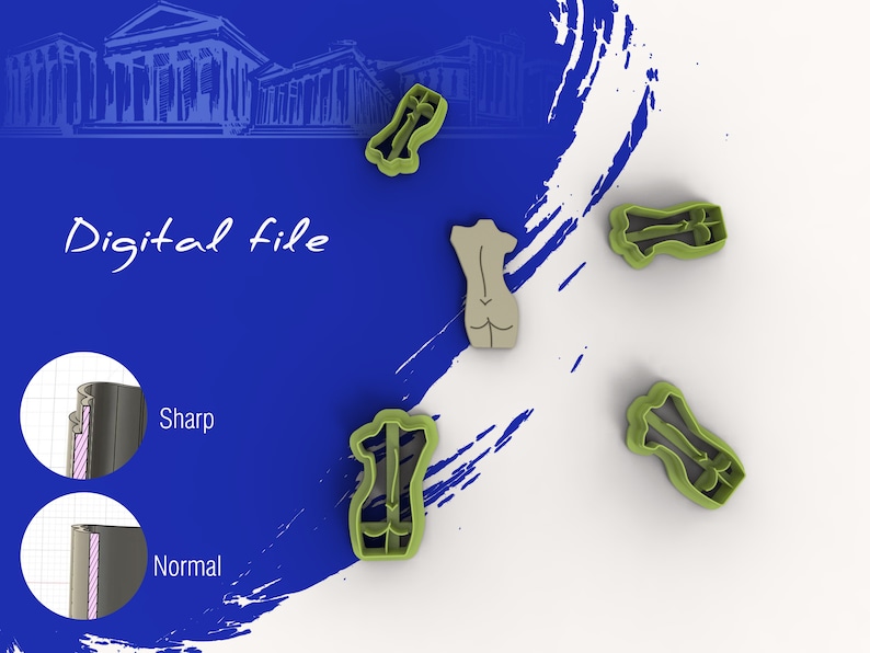 May include: A digital file for a cookie cutter in the shape of a human torso. The cutter is shown in green plastic. The image also shows a close-up of the cutter's edge, with a description of "Sharp" and "Normal" edges.
