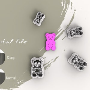 May include: A digital file for a cookie cutter in the shape of a bear. The cutter is shown in white with a pink bear cookie next to it. The text "Digital file" is also shown in the image.