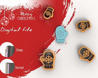 May include: Four digital cookie cutters in the shape of mittens with snowflakes. The cutters are in various colours, including brown, gold, and blue. The text "Merry Christmas" and "Digital file" are visible in the background.