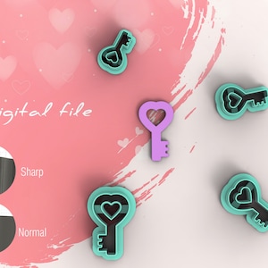 May include: Several key-shaped cookie cutters with heart-shaped cutouts are displayed. The cutters are in shades of teal and purple, set against a pink backdrop with heart motifs. The words "Digital file" are also visible in the image.