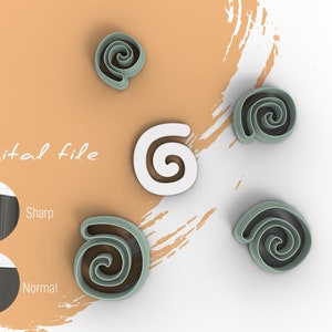 Może przedstawiać: Plik cyfrowy do wykrawaczki do ciasteczek w kształcie spirali. Obraz pokazuje wykrawaczkę w wersji ostrej i normalnej. Wykrawaczka jest pokazana w kolorze białym i zielonym.