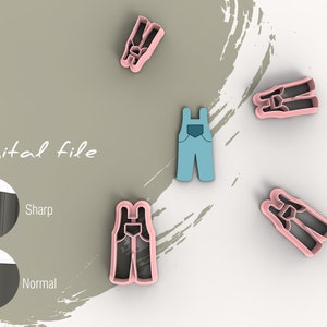 May include: A digital file image featuring several cookie cutter designs. The cutters are in the shape of overalls and a pair of suspenders. The overalls are light blue with a dark blue pocket. The suspenders are pink. The words "Digital file" are written in cursive.