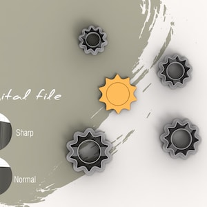 Może przedstawiać: Cztery srebrne foremki do ciasteczek w kształcie słońca, jedna z żółtym środkiem. Na zdjęciu widnieje tekst "Plik cyfrowy". Dwa obrazy pokazują różnicę między ostrym a normalnym cięciem.