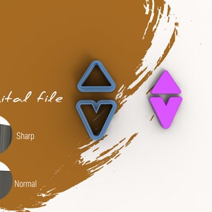 Puede incluir: Archivo digital descargable para un cortador de galletas de flecha arriba y abajo imprimible en 3D. El cortador se muestra en azul y rosa. La imagen también muestra un primer plano del borde del cortador, destacando las opciones de borde afilado y normal.