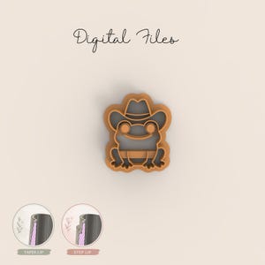 May include: A tan-coloured cookie cutter shaped like a frog wearing a cowboy hat. The words "Digital Files" are written in cursive at the top. Two diagrams of cookie cutter edges are shown at the bottom.