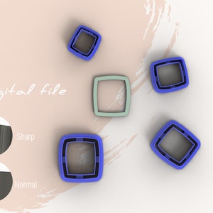 May include: Five square-shaped cookie cutters, four are blue and one is light green. The cookie cutters are on a white surface with a pink and white background. The text "Digital file" is visible in the image.