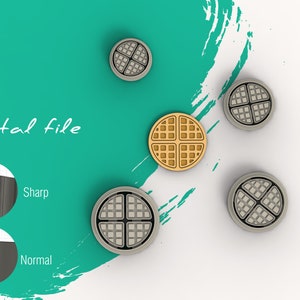 May include: Five waffle-shaped buttons, four are grey with black lines and one is gold with brown lines. The buttons are on a white surface with a green and white background. The text "Digital file" is written in black on the green background. Below the text are two images showing the difference between a "Sharp" and "Normal" edge.