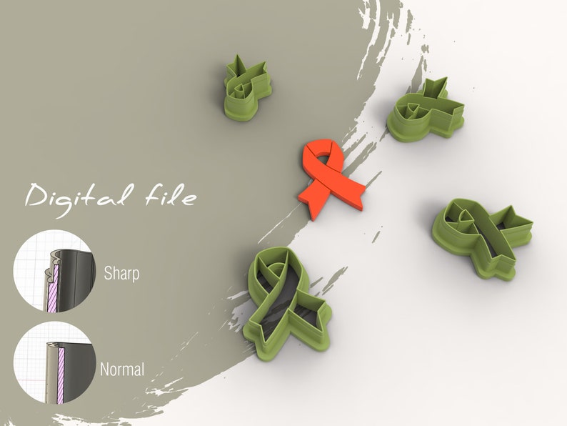 May include: Digital file download for a set of five cookie cutters. The cutters are shaped like ribbons, with one cutter in a bright red color and the rest in a green color. The text "Digital file" is visible in the image.