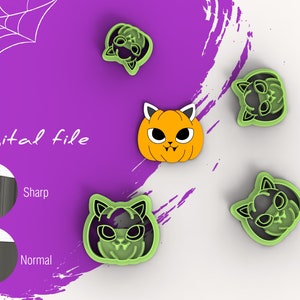 May include: Five Halloween-themed cookie cutters: a pumpkin with a cat face, a cat with a pumpkin on its head, and three cats with different facial expressions. The cutters are green and black.