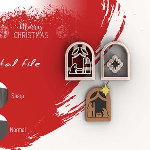 Puede incluir: Un archivo digital con tres diseños de cortadores de galletas con temática navideña. Los diseños incluyen una escena de la Natividad y una estrella. El fondo es rojo con el texto "Merry Christmas" y "Digital file".
