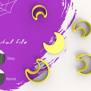 Puede incluir: Cuatro cortadores de galletas de media luna amarilla de diferentes tamaños. Los cortadores de galletas están sobre una superficie blanca con un fondo morado. El texto "Archivo digital" es visible en la imagen.