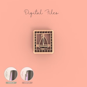 May include: A beige sailboat-shaped cookie cutter with a square frame, set against a peach background. The words "Digital Files" are written in cursive at the top. Two circular diagrams at the bottom show the cutter's edge details.