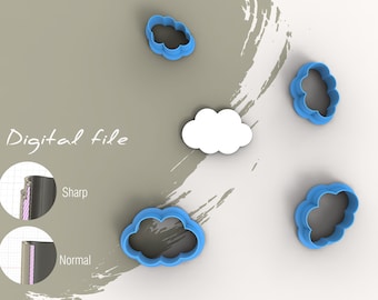 May include: Four blue plastic cloud-shaped cookie cutters on a white surface. The text "Digital file" is written on a brown surface in the background. Two small images show the difference between a "Sharp" and "Normal" cut.