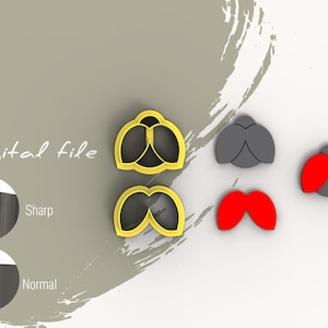 May include: A set of three cookie cutters in the shape of a flower. The cutters are made of yellow plastic and are shown in different stages of being pressed into dough. The cutters are labelled "Digital file" and show a close-up of the sharp and normal edges.