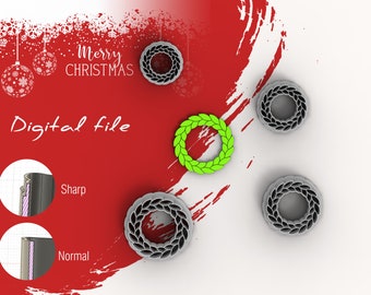 May include: Digital file for a wreath design. The image shows four wreaths, three in gray and one in green. The wreaths are made of leaves and have a circular shape. The text "Digital file" is written in black on a red background. The text "Merry Christmas" is written in white on a red background.