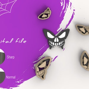Puede incluir: Archivo digital para un cortador de galletas impreso en 3D con forma de mariposa con un diseño de calavera. El cortador se muestra en marrón con una calavera negra y ojos blancos. La imagen también muestra un primer plano del borde del cortador, destacando las opciones de filo normal y afilado.