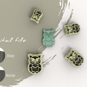 May include: Five cookie cutters in the shape of owls. The cutters are made of a light beige plastic. One of the cutters is a different color, a light green. The cutters are arranged on a white background with a brown brushstroke design.