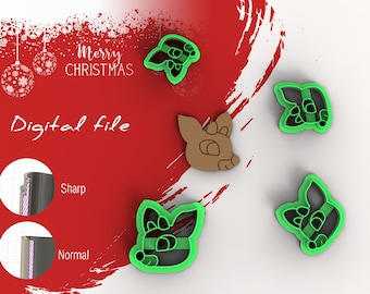May include: A digital file graphic with a red and white Christmas theme. The image features several cookie cutter designs of a reindeer head and face, outlined in green. The words "Merry Christmas" and "Digital file" are also present.