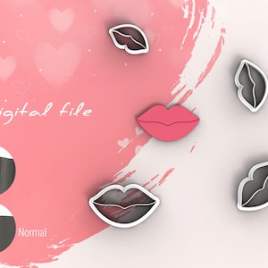 Peut inclure: Téléchargement de fichier numérique de cinq emporte-pièces en forme de lèvres. Quatre des emporte-pièces sont noirs et un est rose.