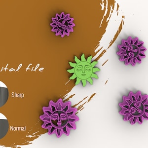 May include: Four cookie cutters in the shape of a sun with a face. Two are purple and two are green. The text "Digital file" is visible in the image.