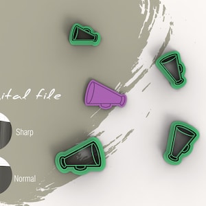 May include: Digital file for a set of five cookie cutters shaped like megaphones. The cutters are green and purple with black outlines. The text "Digital file" is visible in the image.