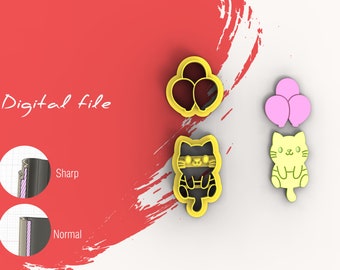 Cat with Balloons Polymer Clay Cutters | Digital STL File  | 5 Sizes | 2 Cutter Versions