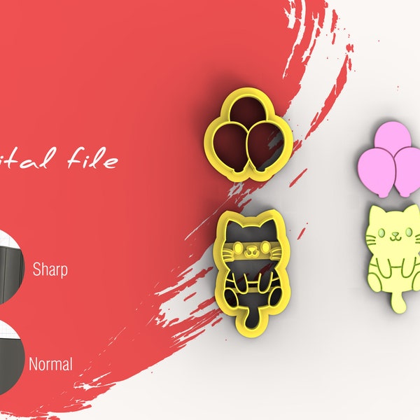 Cat with Balloons Polymer Clay Cutters | Digital STL File  | 5 Sizes | 2 Cutter Versions