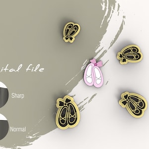 May include: Digital file download for a set of five ballerina shoe cookie cutters. The cutters are gold with black and pink details. The cutters are shown on a white background with a gray and white brushstroke design.