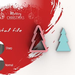 Puede incluir: Archivo digital para un cortador de galletas de árbol de Navidad. El cortador es rosa y tiene un borde afilado. La imagen también muestra un cortador de galletas de árbol de Navidad azul con un borde normal.