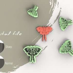 May include: Digital file showing butterfly and moth designs in coral and green. The image includes the text "Digital file" and a comparison of sharp and normal book edges.