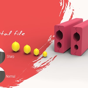 Puede incluir: Dos organizadores de cables de plástico rojo con múltiples ranuras para cables. Los organizadores se muestran junto a una fila de cuatro limones amarillos de diferentes tamaños. El texto "Archivo digital" es visible en el fondo.