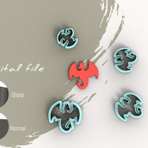 Peut inclure: Fichier numérique pour un emporte-pièce en forme de dragon. L'image montre cinq emporte-pièces, quatre sont bleus et un est rouge. L'image montre également un gros plan du bord de l'emporte-pièce, montrant un bord tranchant et un bord normal.