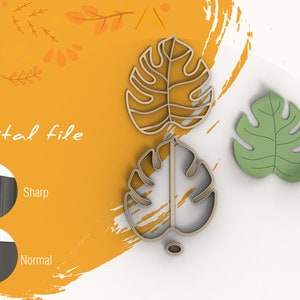 May include: Two brown monstera leaf cookie cutters and a green monstera leaf cookie cutter. The cookie cutters are on a white surface. The text "Digital file" is on a yellow background.
