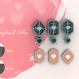 May include: Digital file download for a set of six cookie cutters. The cutters are in the shape of a heart, a square, and a rectangle. The heart cutter has a small heart inside of it. The square and rectangle cutters have a larger heart inside of them. The cutters are blue and pink.