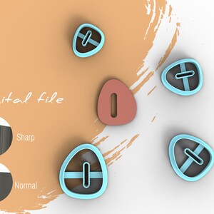 May include: Digital file for a cookie cutter in the shape of a teardrop with a small hole in the center. The cutter is shown in blue, pink, and black. The text "Digital file" is visible in the image.