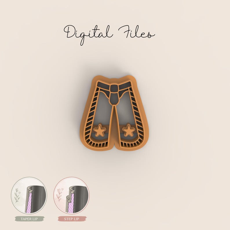 May include: A tan-colored cookie cutter in the shape of a pair of jeans with star cutouts. The cutter has a black belt and pocket details. The words "Digital Files" are written in cursive at the top of the image. Two smaller images show the cutter's lip.