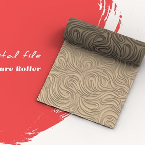 May include: A digital file for a texture roller with a swirling pattern. The roller is partially unrolled, revealing the pattern in detail. The background is red with white brushstrokes.