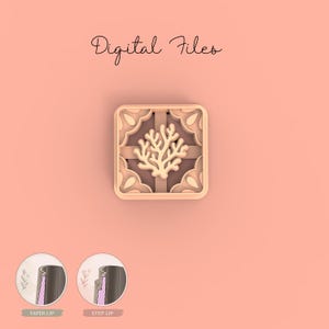 May include: A square, beige-colored object with a coral-like design in the center, set against a peach background. The words "Digital Files" are written in cursive at the top. Two circular diagrams at the bottom show the "Taper Lip" and "Step Lip" designs.