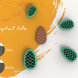May include: Five 3D printed pine cone shaped cookie cutters. Four are green with a black grid pattern and one is brown with a brown grid pattern. The image shows a close-up of the cookie cutters on a yellow and white background. The text "Digital file" is visible in the image.