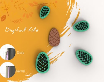 May include: Five 3D printed pine cone shaped cookie cutters. Four are green with a black grid pattern and one is brown with a brown grid pattern. The image shows a close-up of the cookie cutters on a yellow and white background. The text "Digital file" is visible in the image.