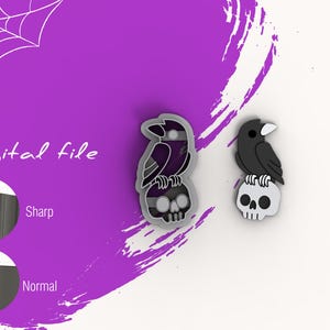 Puede incluir: Archivo digital para una impresión 3D de un cuervo posado sobre una calavera. El cuervo es negro con un patrón de rayas púrpuras y blancas en el pecho. La calavera es blanca con detalles negros. La imagen muestra dos versiones del archivo, una con bordes afilados y otra con bordes normales.