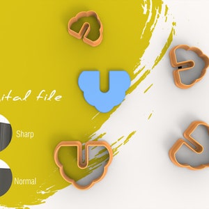 Op de afbeelding: Digitaal bestand voor een koekjesvormer in de vorm van een wolk met een U erin. De vormer is afgebeeld in oranje en blauw. De afbeelding toont ook een close-up van de rand van de vormer, met opties voor een scherpe of normale rand.