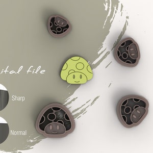 May include: Digital file for a 3D printed mushroom cookie cutter. The cutter is brown with a smiling face and white dots. The image shows the cutter from different angles.