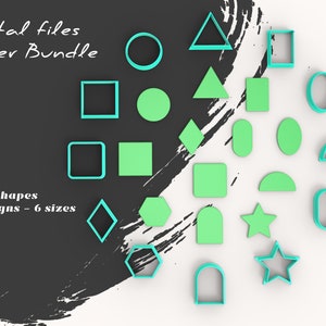 Pode incluir: Um conjunto de 12 formas básicas em 6 tamanhos. As formas são delineadas em turquesa e preenchidas com uma cor verde claro. As formas incluem um círculo, um quadrado, um retângulo, um triângulo, um diamante, uma estrela, um oval, um hexágono, um pentágono e um arco.