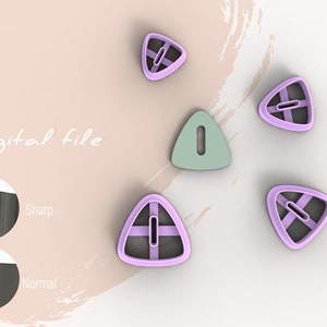 Puede incluir: Imagen de un archivo digital con varias formas triangulares en morado claro y verde. Las formas tienen un diseño geométrico con un recorte rectangular central. El texto "Digital file" está escrito en cursiva. Un diagrama muestra un borde afilado y normal.