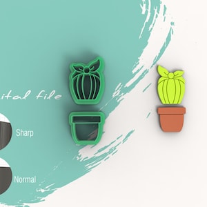 May include: Two green plastic cactus cookie cutters, one with a bow and one without, and a brown plastic pot cookie cutter.  The cutters are on a white background with a green and white abstract design.