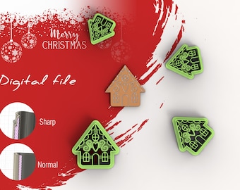 May include: Four gingerbread house cookie cutters in green and brown. The cutters are on a white surface with a red background. The text "Merry Christmas" and "Digital file" are visible in the background.