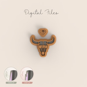May include: A tan-colored cookie cutter in the shape of a bull skull with horns, and a small heart-shaped design above it. The words "Digital Files" are written in cursive at the top. Two diagrams of the cookie cutter's edge are shown at the bottom.