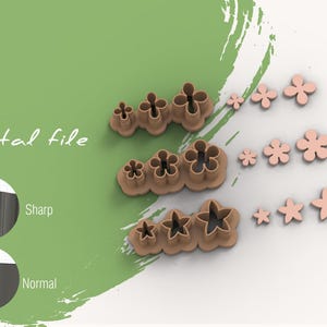 Puede incluir: Un conjunto de cortadores de galletas con forma de flor, de varios tamaños y estilos. Los cortadores son marrones y están dispuestos sobre un fondo verde. También incluye el texto "Digital file".